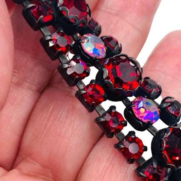 Stunning Vintage Regency Red Rhinestone AB Gun Metal Bracelet - Picture 6 of 8